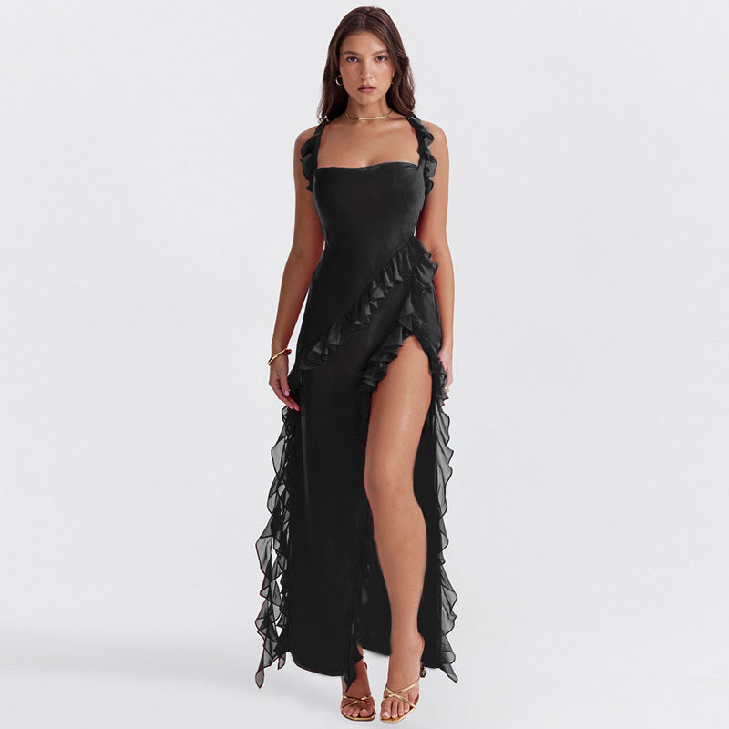 Monika – Elegantes Maxikleid mit Rüschen und Schlitz für Damen