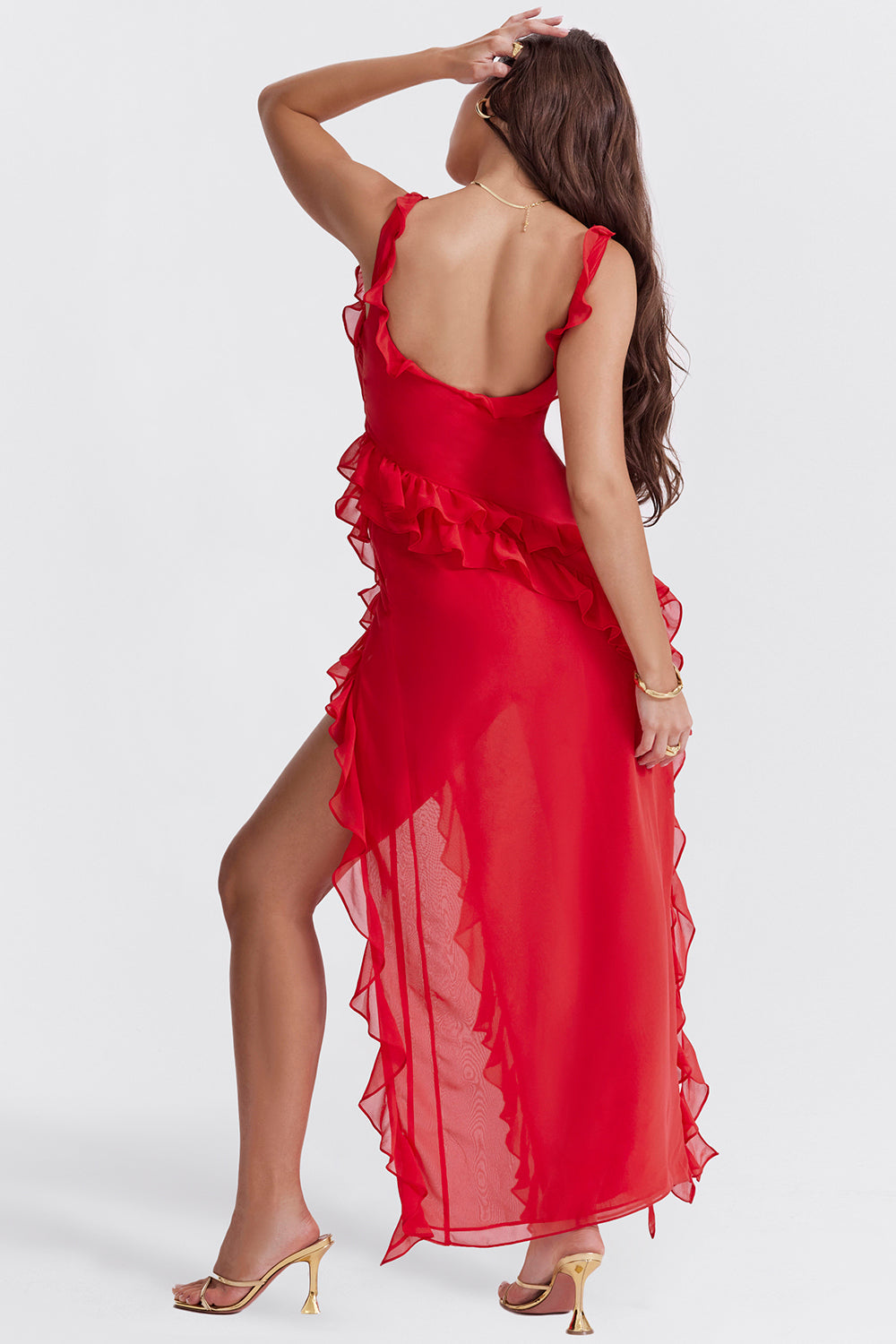 Monika – Elegantes Maxikleid mit Rüschen und Schlitz für Damen