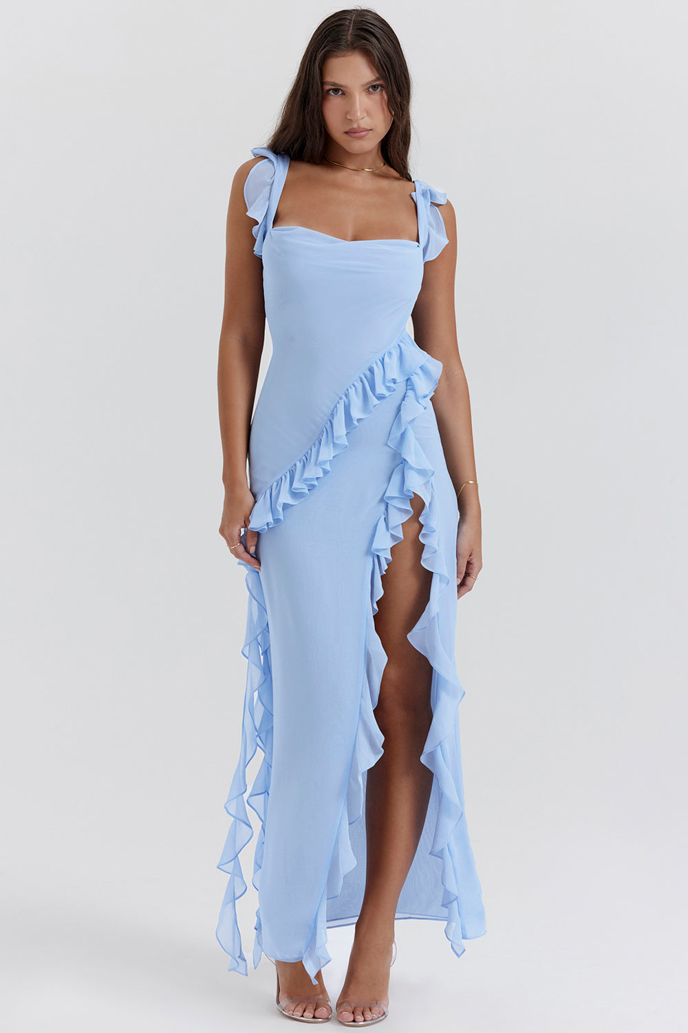 Monika – Elegantes Maxikleid mit Rüschen und Schlitz für Damen