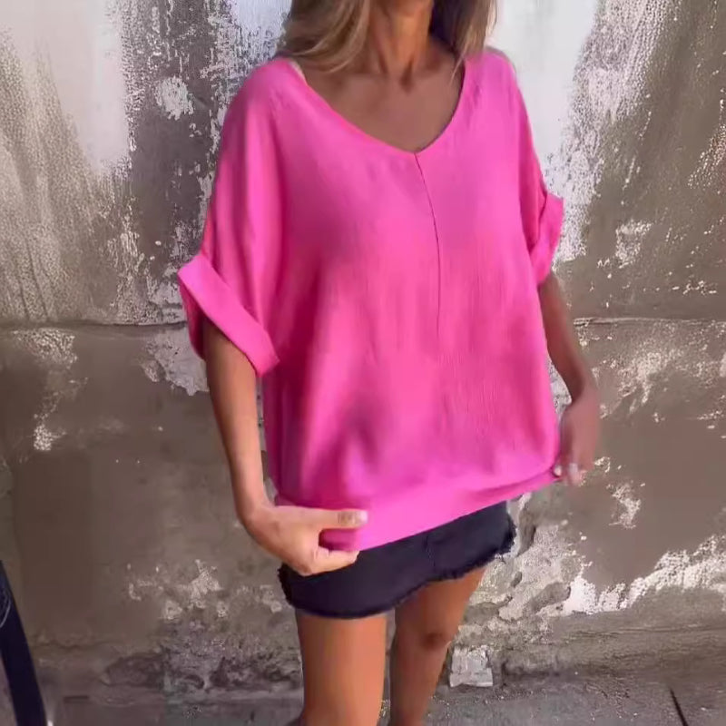 Halina™ - T-Shirt mit übergroßem V-Ausschnitt für Damen